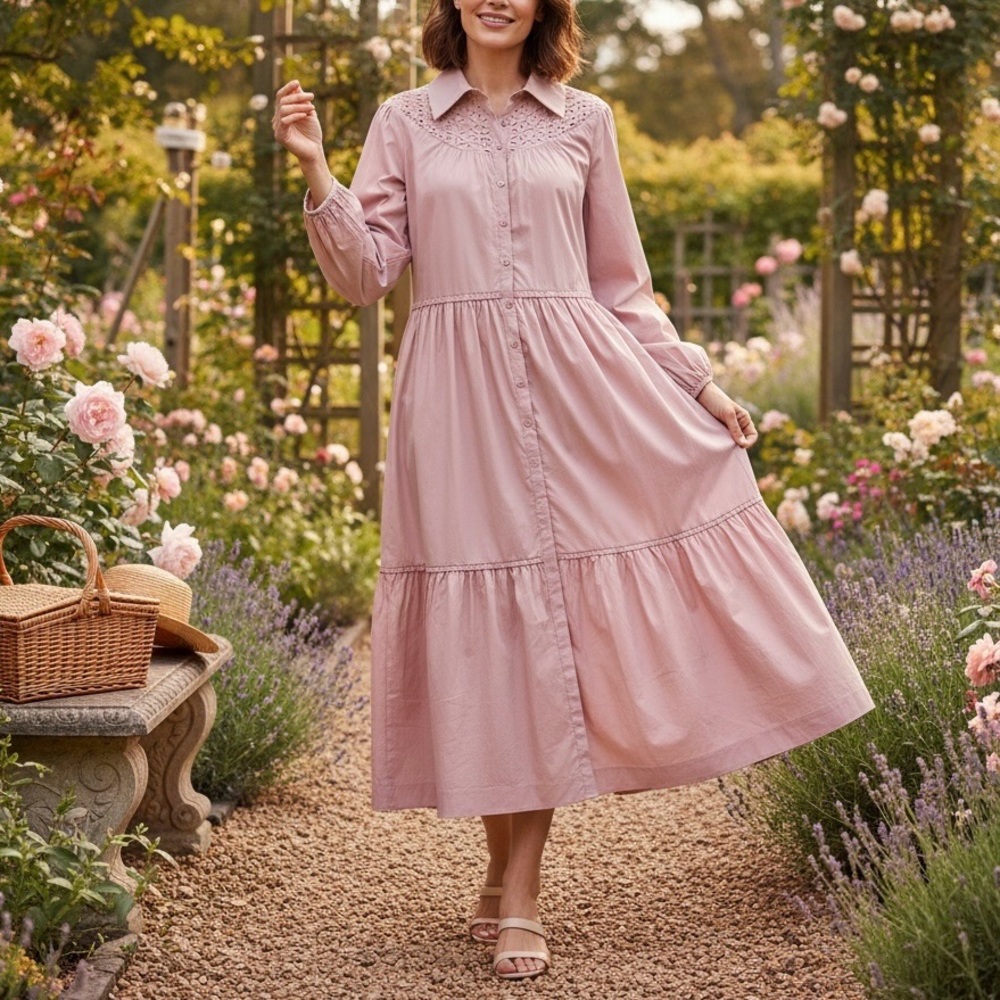 Mila Maxi Dress Size S CottageCore Pink Cutout Embroidered Long Sleeves Eyelet